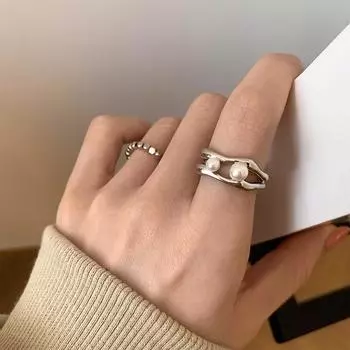 Японский легкий роскошный дизайн двухслойное жемчужное кольцо нишевый дизайн серебряное кольцо прилив серебряное покрытие one size