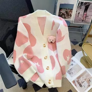 Японский ленивый ветер молочного цвета вязаный кардиган женский осень и зима новый дизайн свободный свитер куртка с медведем One size белый