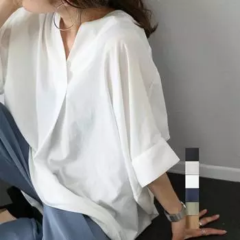 Японский летний наряд, пуловер с V-образным вырезом, свободная однотонная рубашка с рукавами «летучая мышь» M янтарь