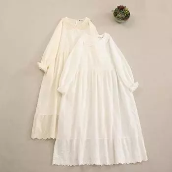 Японский литературный кукольный воротник, однотонное хлопковое платье с длинными рукавами, свободная кружевная вышивка, пуловер, длинная юбка One size абрикосовый