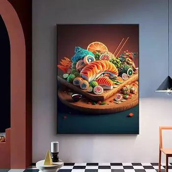Японский лосось, суши, плакаты, принты для кухни, домашний декор, милая японская еда, иллюстрация, холст, картина, настенное искусство, эстетика, без рамки 21*30cm