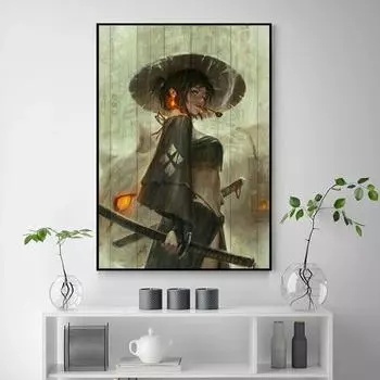 Японский меч самурай воин искусство гейша женщина плакаты и принты настенная живопись на холсте печать для гостиной домашний декор без рамки 21*30cm