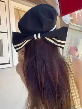 Японский милый бант-берет женский летний солнцезащитный матросский головной убор студенческий ретро-стиль колледжа шляпа художника 56-58CM чёрный