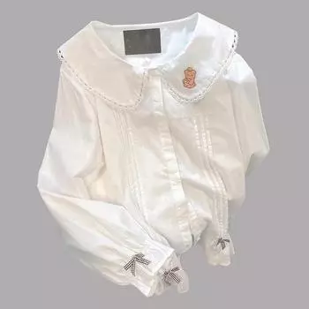 Японский милый медведь бант Jk рубашка женская весенняя кружевная блузка с длинным рукавом XS белый