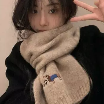 Японский милый щенок вышитый кашемировый вязаный шарф женский теплый студенческий шерстяной шарф для пары бордовый