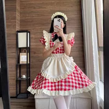 Японский милый стиль Лолита горничная платье сексуальный косплей горничная униформа платье черный и красный плюс размер S красный