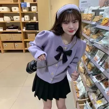 Японский милый свитер, вязаный кардиган с бантом, женский маленький ароматный ветровой комплект, осенне-зимний свитер с длинными рукавами One Size фиолетовый