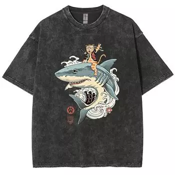 Японский мультфильм самурай кошка акула принт стираный деним свободный круглый вырез свободный женский мужской футболка винтажный топ S