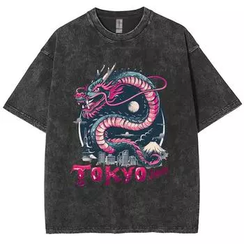 Японский мультяшный дракон с принтом букв Токио, женская футболка свободного покроя из стираного хлопка со средним рукавом, уличный топ S