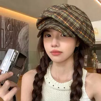 Японский нишевый дизайн клетчатая восьмиугольная шляпа женская летняя тонкая ретро-шляпа с маленьким облаком повседневный универсальный берет M56-58cm