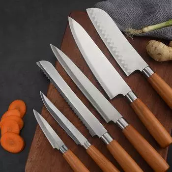 Японский нож шеф-повара, кухонный нож, нож сантоку с деревянной ручкой, нож для мяса, нож для хлеба, набор кухонных бытовых ножей 6pcs