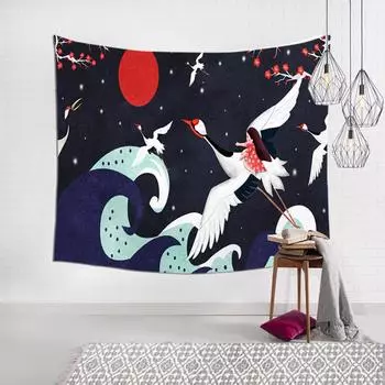 Японский Океанская Волна Закат Солнце Гобелен Экзотический Стиль Красный Венценосный Журавль Фон Спальня Стена Ткань Украшение Комнаты Живопись Подвесная Ткань 150*100