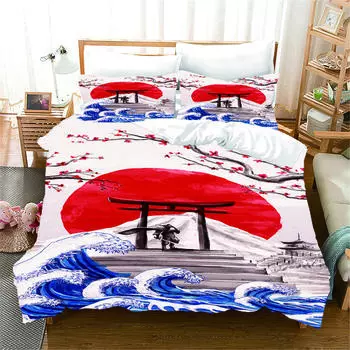 Японский океанская волна Snowe Mountain Sun Design 3 шт. Комплекты постельного белья для односпальной двуспальной кровати, пододеяльник и 2 шт., наволочка 135x200 cm