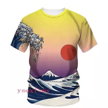 Японский пейзаж, рисунок, живопись, 3D, принт, Харадзюку, мужская и женская, с круглым вырезом, коротким рукавом, модная повседневная футболка, топ S