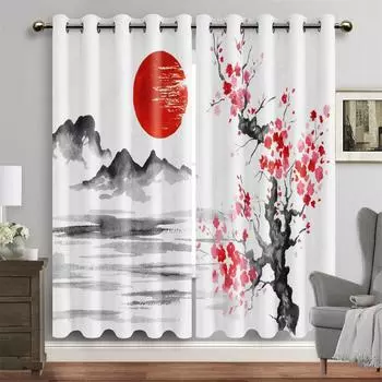 Японский пейзаж Традиционная живопись тушью Шторы-тени Гостиная Спальня Классические шторы Декор окна комнаты 2 панели 50W130H(CM)x2&Hook