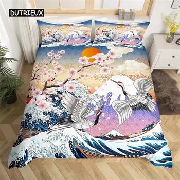 Японский пододеяльник с журавлем, комплект постельного белья с морской волной, полный King из микрофибры, укиёэ, этнический Фудзи, горный вишневый пододеяльник, пододеяльник EU single(135x200cm)