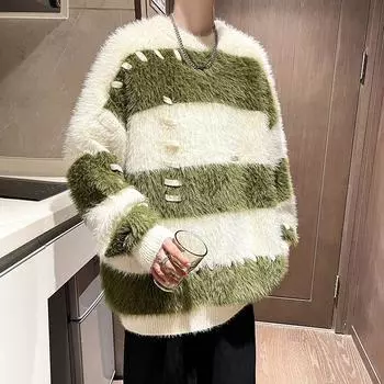 Японский полосатый свитер мужской нишевый дизайн модный ленивый стиль круглый вырез свободный пара нейтральный стиль вязаный свитер свитер M