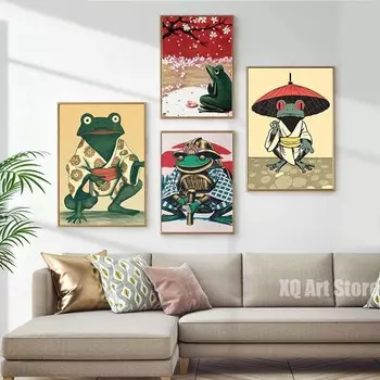 Японский постер с лягушкой, настенное искусство, молящаяся лягушка, винтажный принт на холсте, восточный стиль, печатные забавные принты с животными для гостиной и дома 21x30cm No Framed
