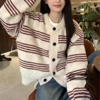 Японский повседневный полосатый кардиган с длинными рукавами, свитер, куртка для женщин, осень, новый свободный утягивающий контрастный свитер, топ One Size