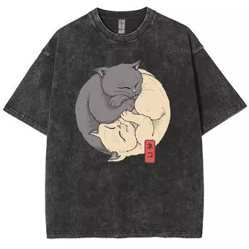 Японский принт «Два кота» Женская стираная футболка свободного покроя из хлопка с короткими рукавами Милый топ в стиле аниме для студентов на каждый день S