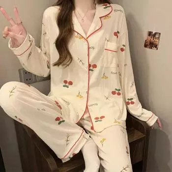 Японский принт с изображением сладких вишен, женская домашняя пижама, модная молочная шелковая мятая ткань, повседневная ночная рубашка, новая весенняя одежда для сна M