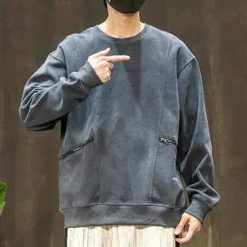 Японский простой и тяжелый вышитый свитер с круглым вырезом, мужской свободный и толстый повседневный топ M серый
