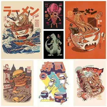 Японский путеводитель по еде Ретро-постеры Забавный постер с лапшой Фреска Настенная живопись Печать на белой бумаге Художественная роспись Украшение комнаты Картины Домашний декор 30x21cm