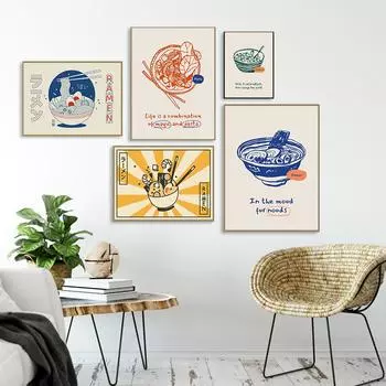 Японский рамен, картина с изображением животных, кошек, мультяшные постеры и принты, настенная картина, лапша, еда, украшение для детской кухни, комнаты для дома 21x30cm No Framed