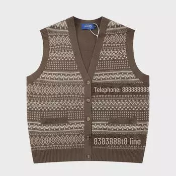 Японский ретро этнический жаккардовый жилет с V-образным вырезом - повседневный, универсальный, свободный свитер для пар XL коричневый