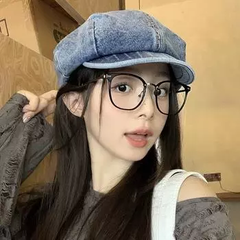 Японский ретро-берет из стираного денима для женщин на весну и осень с большой окружностью головы и короткими полями, показывающими лицо, маленькая универсальная шляпа литературного газетчика M (56-58cm) short-brimmed denim octagonal hat средний синий