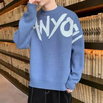 Японский ретро-буквенный жаккардовый вязаный свитер мужской осенний модный бренд I свободный круглый вырез повседневный теплый свитер куртка M серый