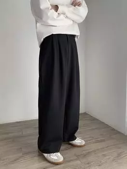 Японский ретро драпированный двойной плиссированный костюм с широкими штанинами повседневные мужские свободные прямые брюки со шлейфом большого размера XXL чёрный