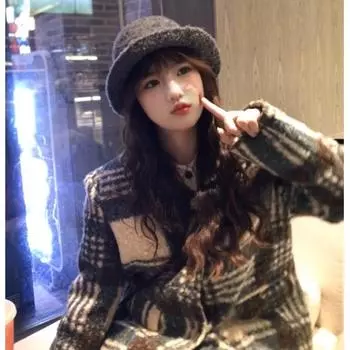 Японский ретро клетчатый костюм шерстяная куртка женская осень и зима ленивый ветер свободный и универсальный шерстяная куртка маленький мужчина S