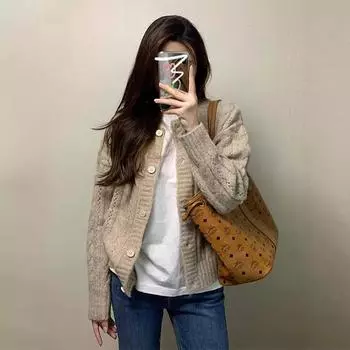 Японский ретро ленивый стиль кардиган свитер куртка для женщин весна и осень 2024 начало осени новый короткий свободный трикотажный топ One size fits all