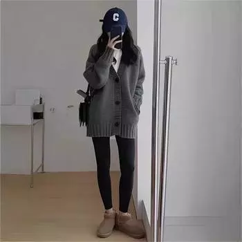 Японский ретро ленивый ветер мягкий восковой свитер куртка женская осень и зима новый серый средний и длинный вязаный кардиган топ one size fits all серый