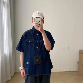 Японский ретро модный бренд летняя свободная джинсовая рубашка с короткими рукавами художественная молодежная рабочая рубашка мужская и женская многослойная куртка M темно-синий
