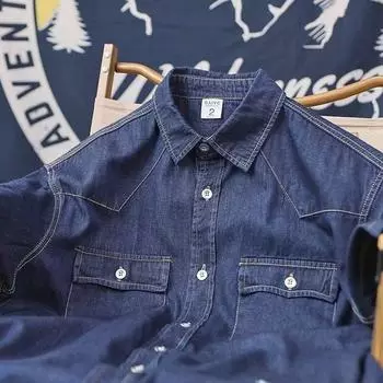 Японский ретро модный бренд летняя свободная джинсовая рубашка с короткими рукавами художественная молодежная рабочая рубашка мужская и женская многослойная куртка M темно-синий