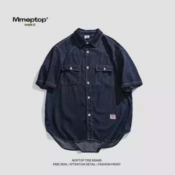 Японский ретро модный бренд летняя свободная джинсовая рубашка с короткими рукавами художественная молодежная рабочая рубашка мужская и женская многослойная куртка M темно-синий