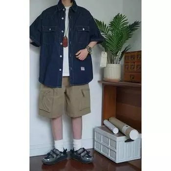 Японский ретро модный бренд летняя свободная джинсовая рубашка с короткими рукавами художественная молодежная рабочая рубашка мужская и женская многослойная куртка M темно-синий