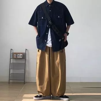 Японский ретро модный бренд летняя свободная джинсовая рубашка с короткими рукавами художественная молодежная рабочая рубашка мужская и женская многослойная куртка M темно-синий