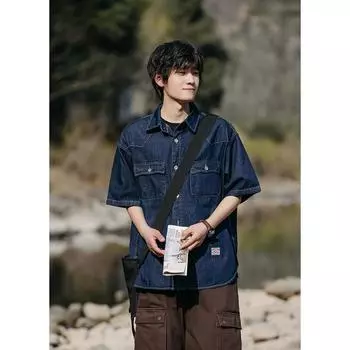 Японский ретро модный бренд летняя свободная джинсовая рубашка с короткими рукавами художественная молодежная рабочая рубашка мужская и женская многослойная куртка M темно-синий