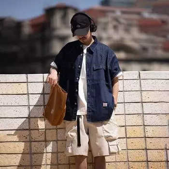 Японский ретро модный бренд летняя свободная джинсовая рубашка с короткими рукавами художественная молодежная рабочая рубашка мужская и женская многослойная куртка M темно-синий