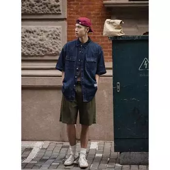 Японский ретро модный бренд летняя свободная джинсовая рубашка с короткими рукавами художественная молодежная рабочая рубашка мужская и женская многослойная куртка M темно-синий