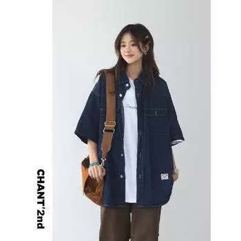 Японский ретро модный бренд летняя свободная джинсовая рубашка с короткими рукавами художественная молодежная рабочая рубашка мужская и женская многослойная куртка M темно-синий