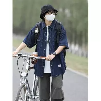 Японский ретро модный бренд летняя свободная джинсовая рубашка с короткими рукавами художественная молодежная рабочая рубашка мужская и женская многослойная куртка M темно-синий