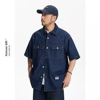 Японский ретро модный бренд летняя свободная джинсовая рубашка с короткими рукавами художественная молодежная рабочая рубашка мужская и женская многослойная куртка M темно-синий