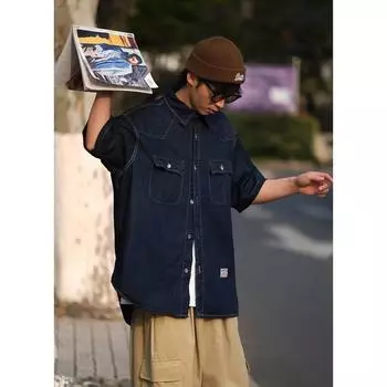 Японский ретро модный бренд летняя свободная джинсовая рубашка с короткими рукавами художественная молодежная рабочая рубашка мужская и женская многослойная куртка M темно-синий