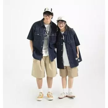 Японский ретро модный бренд летняя свободная джинсовая рубашка с короткими рукавами художественная молодежная рабочая рубашка мужская и женская многослойная куртка M темно-синий