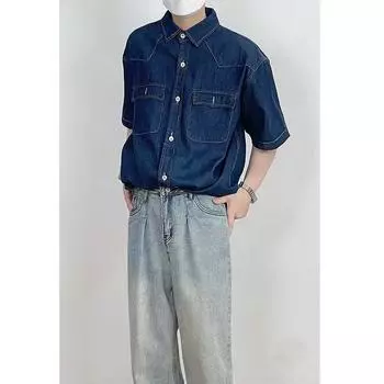 Японский ретро модный бренд летняя свободная джинсовая рубашка с короткими рукавами художественная молодежная рабочая рубашка мужская и женская многослойная куртка M темно-синий