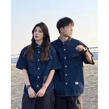 Японский ретро модный бренд летняя свободная джинсовая рубашка с короткими рукавами художественная молодежная рабочая рубашка мужская и женская многослойная куртка M темно-синий